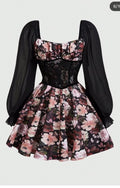 Pink & black Mini frock - painted flower
