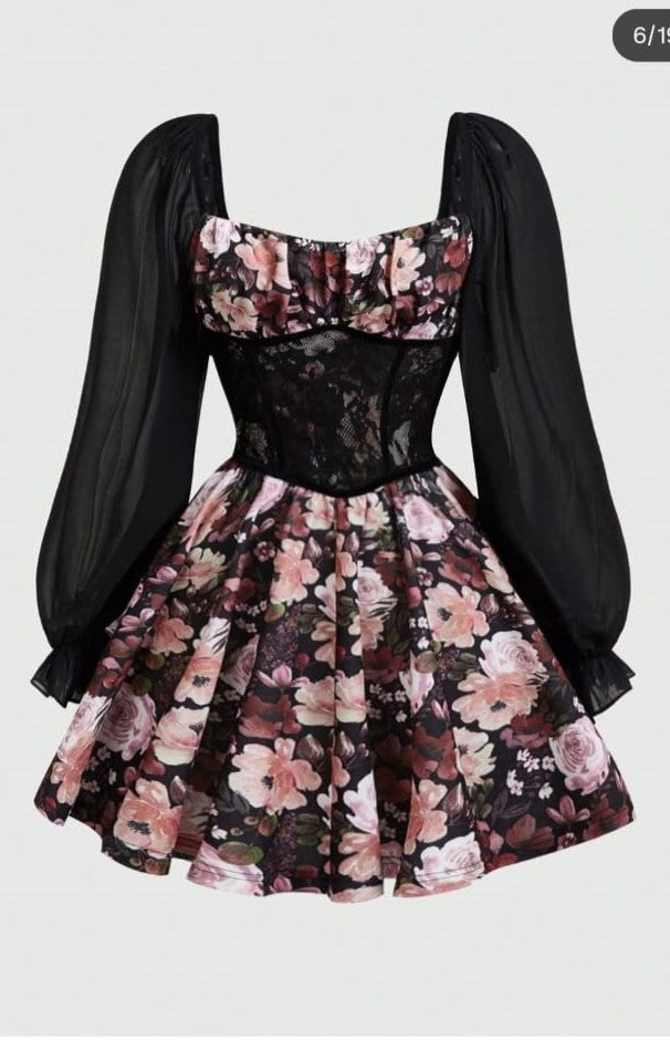 Pink & black Mini frock - painted flower